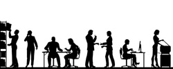 Editable vector silhouettes of people in a busy office with all elements as separate objects