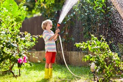 Child watering flowers and plants in garden. Kid with water hose in sunny blooming backyard. Little boy gardening. Summer fun outdoor at home. Family activity in spring. Children help parents.