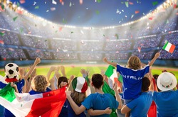 Italy football supporter on stadium. Italian fans on soccer pitch watching team play. Group of supporters with flag and national jersey cheering for Italia. Championship game. Forza Azzurri