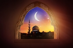 Ramadan Kareem greeting. Islamic city with mosque skyline, crescent moon and stars. View from a window. End of fasting. Hari Raya card. Eid al-Fitr. Breaking of holy fast day. Muslim holiday. 