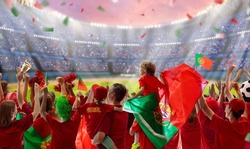 Portugal football supporter on stadium. Portuguese fans on soccer pitch watching team play. Group of supporters with flag and national jersey cheering for Portugal. Championship game. 
