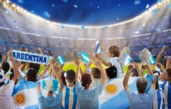 Argentina football supporter on stadium. Argentinian fans on soccer pitch watch team play. Group of supporters with flag and national jersey cheering for Argentina. Championship game.