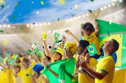 Brazil football supporter on stadium. Brazilian fans on soccer pitch watching team play. Group of supporters with flag and national jersey cheering for Brazil. Championship game.