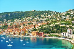 view of luxury resort and bay on sunny day. Villefranche-sur-Mer, Cote d'Azur, french reviera, near Nice and Monaco