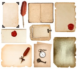 set of various old paper sheets. vintage book pages, cards, photos, pieces isolated on white background. antique vintage accessories ink pen and wax seal