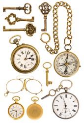 collection of golden vintage accessories. antique keys, clock, compass, glasses isolated on white background