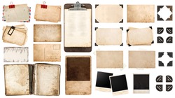 vintage paper sheets, book, old photo frames and corners, antique clipboard isolated on white background. 