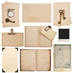 Grungy paper sheets with clock and key isolated on white background. Used cardboard texture