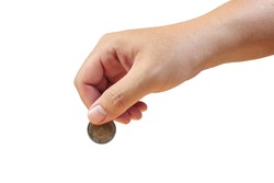 Saving money, hand putting coin on white background