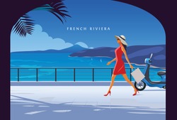 Woman walking by the seaside. Fashion Illustration. French Riviera