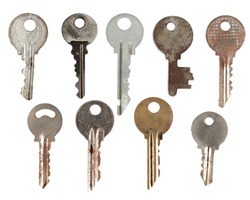 Set of old keys from door locks isolated on white background. 