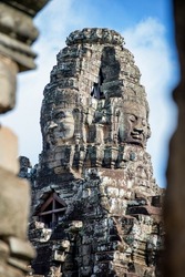 Sculptures at Bayon Temple in Siem Reap Cambodia in the Angkor Thom complex