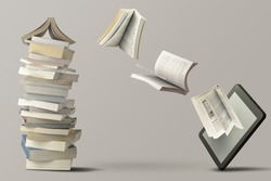 A pile of books jumping inside an e-learning tablet-concept