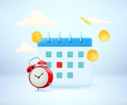 Business agenda concept with calendar and clock. 3d vector illustration
