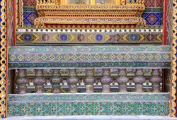 Beautiful pattern of traditional Thai art coridoor or balcony decorated made from mirror, tile at public Buddhist temple ,textures background