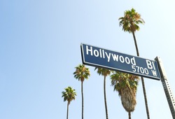 Hollywood Boulevard sign with palm trees in the background