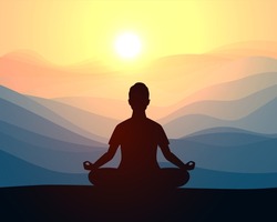 Man meditating in sitting yoga position on the top of a mountains