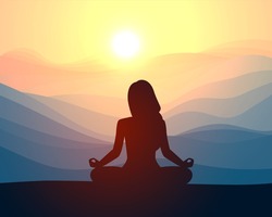 Woman meditating in sitting yoga position on the top of a mountains. Concept illustration for yoga, meditation, relax, recreation, healthy lifestyle.