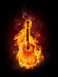 Acoustic guitar in fire and flames