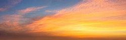 Real Sky Panoramic view of  Sunset  Sunrise Sundown Skyscape with gentle colorful clouds, long panorama, crop it