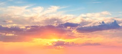 Panoranic Sunrise Sundown Sky with colorful clouds and real sun,  panorama