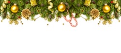 Christmas Border - tree branches with golden baubles, stars, snowflakes isolated on white,  horizontal banner