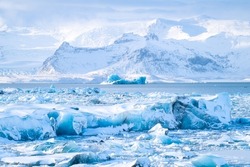 Iceland. Ice as a background. Vatnajokull National Park. Panoramic view of the ice lagoon. Winter landscapes in Iceland. Natural background. North country.