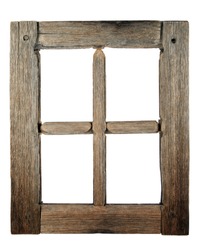 Very old grunged wooden window frame isolated in white