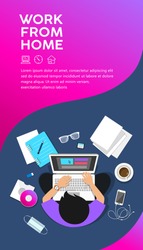 Man sitting work computer from home, top view leaflet poster design colorful background, vector illustration