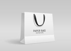 White paper bag, with black cloth handle design, template on gray background Eps 10 vector illustration