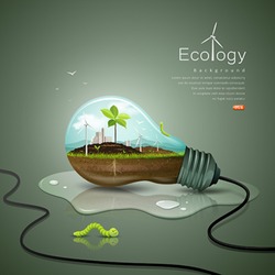 Light bulb ecology concept design background, with sprouts plant, soil, building, wind power unit, worm green, drop water, vector illustrations