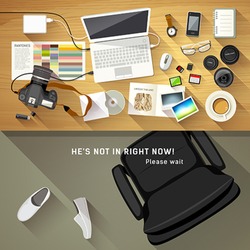 Designer desk photographer, collections of flat design of computer, camera and camera lens, Designers are resting concept, Equipment used for design, Top view of desk background, vector illustration