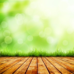 Fresh spring green grass with green bokeh and sunlight and wood floor. Beauty natural background