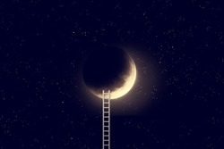 Night sky with moon and step ladder. Elements of this image furnished by NASA