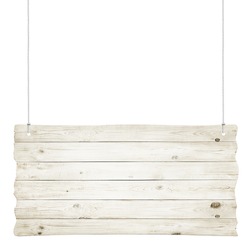 Wooden sign with ropes isolated over white background