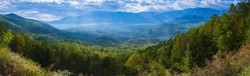 Blue Ridge Mountains Smoky Mountain National Park wide horizon landscape background layered hills and valleys large format pano