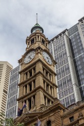 Clock Tower of heritage and modern buildings in Martin Place street, Sydney, Australia