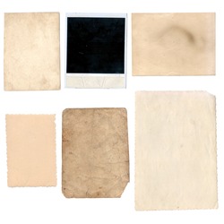 Old papers set isolated on white background with clipping path. Set of various old paper sheets. Vintage photo and book pages, cards, pieces isolated on white background with clipping path.