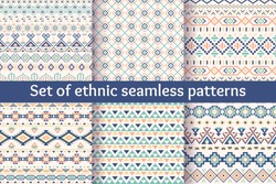 Set of six ethnic seamless patterns. Aztec geometric backgrounds. Stylish navajo fabric. Modern abstract wallpaper. Vector illustration.