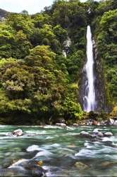 Thunder creek fall in tropical forest of New Zealand