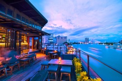 Rooftop Bar.Overlooks the Chao Phraya river in Bangkok ,Thailand
