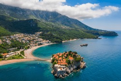 Aerial view of Sveti Stefan island in Budva in a beautiful summer day, Montenegro.