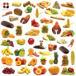 large page of food assortment on white background