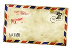 Vintage envelope with USA stamps isolated on white.