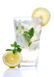 Cold soft drink with lemon and mint