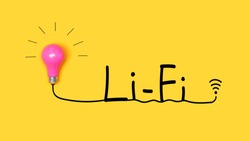 Li-Fi wireless communication concept with a light bulb on a yellow background