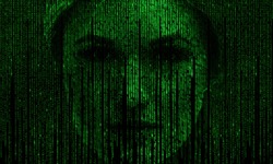 Female face with matrix digital numbers artifical intelligence AI theme with human face