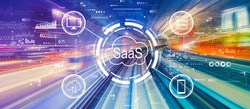 SaaS - software as a service concept with abstract high speed technology POV motion blur