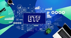ETF theme with a laptop computer on a blue and green pattern background