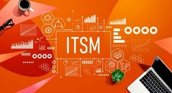 ITSM - Information Technology Service Management theme with a laptop computer on a orange pattern background